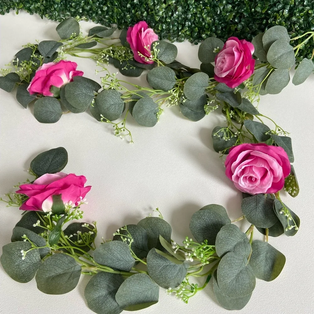 2 count Fuchsia Hot Pink Rose Eucalyptus Seeded Flower Buds Garlands 6 feet